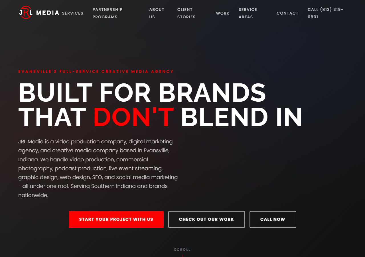 JRL Media homepage screenshot, a video production, web design and SEO agency headquartered in Evansville, Indiana