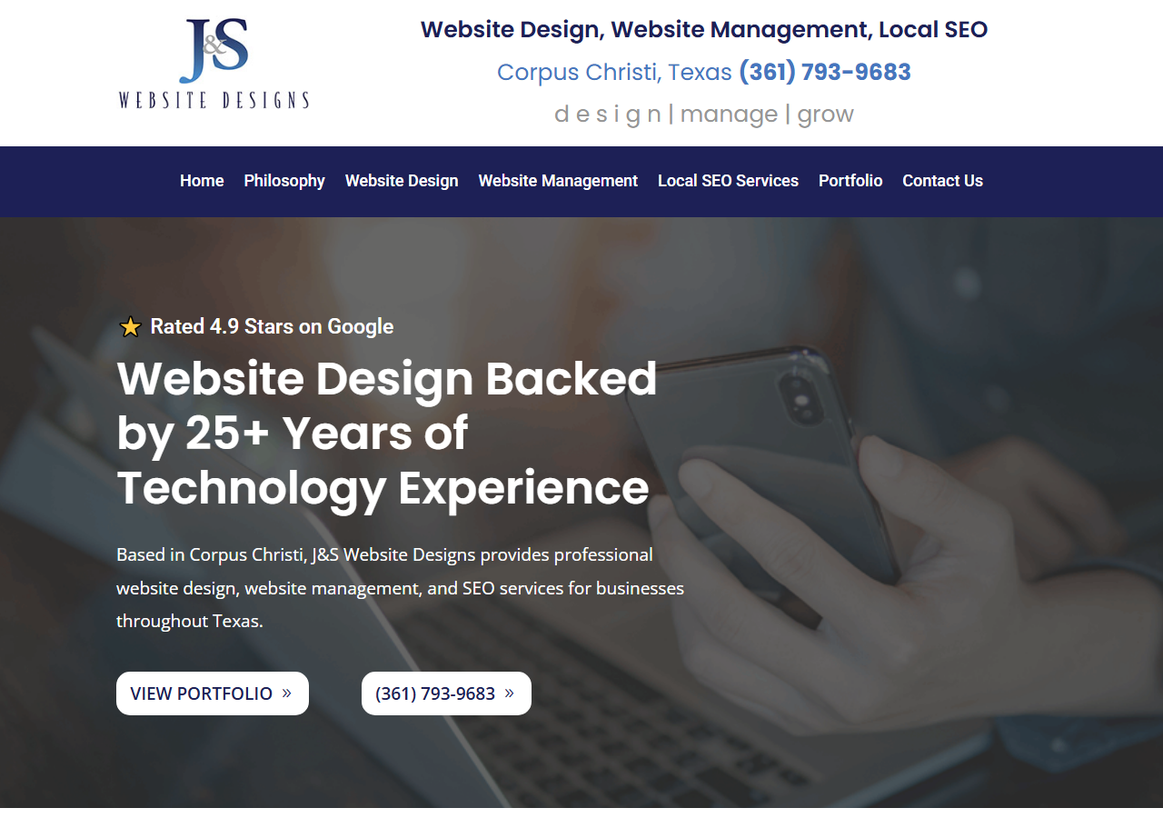 J and S Website Designs homepage screenshot, a website design and local SEO company based in Corpus Christi, Texas