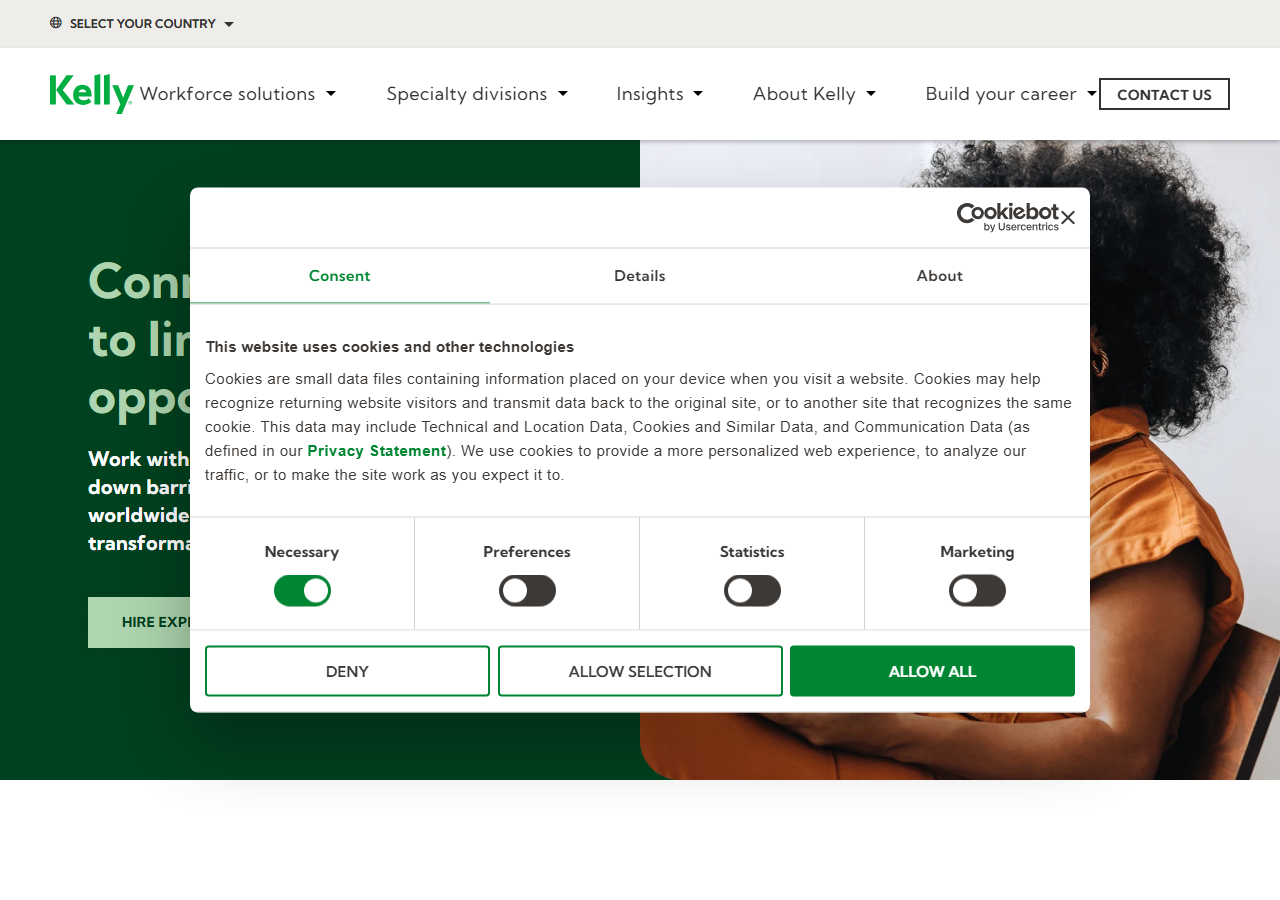 Kelly Services homepage screenshot, a national workforce solutions company with a long-standing branch office in Beaumont, Texas