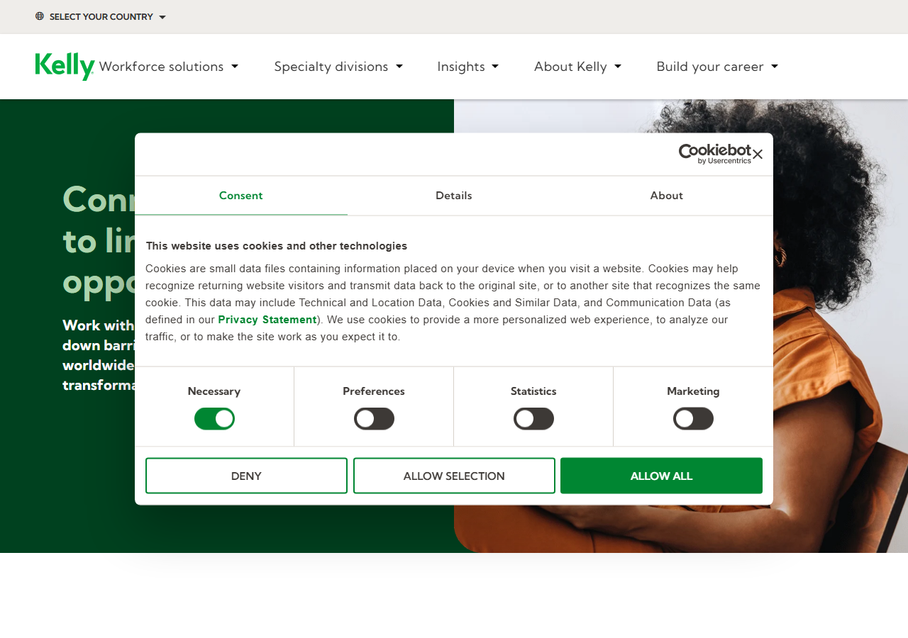 Kelly Services homepage screenshot, a national workforce solutions company with a branch office in Merced, California