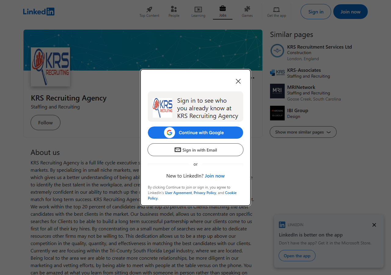 KRS Recruiting Agency LinkedIn company page screenshot, a legal and construction-industry recruiting firm based in Deerfield Beach, Florida since 2016, shown behind LinkedIn's logged-out sign-in prompt