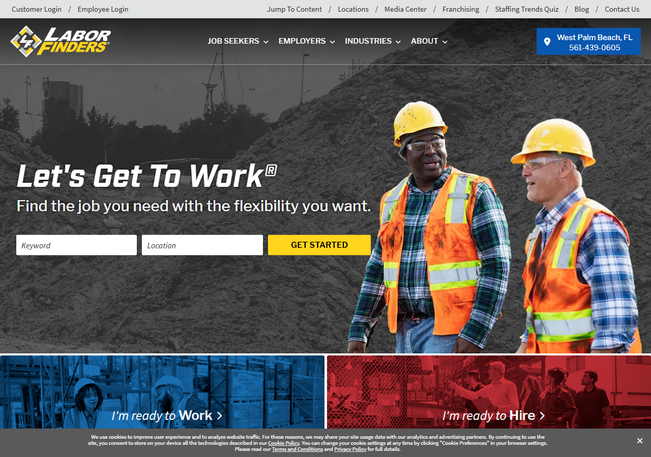 Labor Finders corporate homepage screenshot, a national construction and light-industrial staffing franchise with a Corpus Christi, Texas branch office