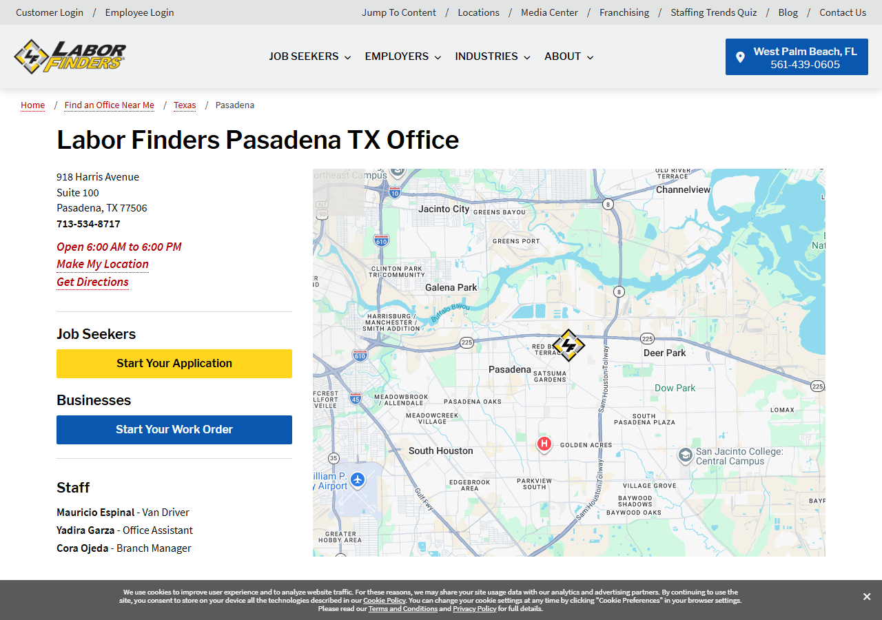 Labor Finders Pasadena, TX office page screenshot, showing the 918 Harris Avenue address and branch manager listing