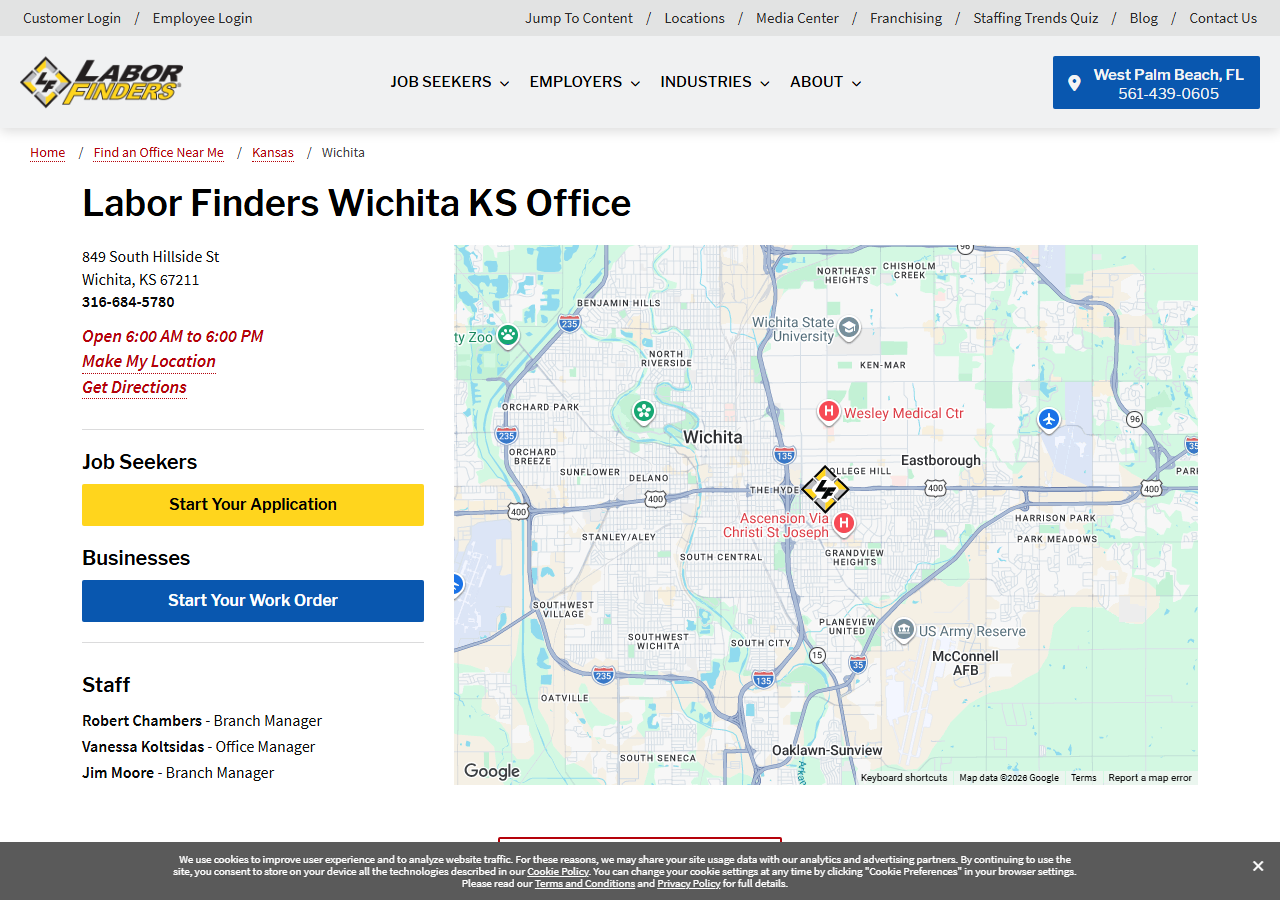 Labor Finders Wichita, Kansas location page screenshot, a light industrial and general labor staffing franchise