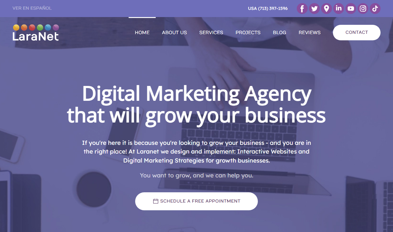 LaraNet homepage screenshot reading 'Digital Marketing Agency that will grow your business', a company with a verified home-based address in Cypress, Texas that markets itself as a Houston internet marketing agency