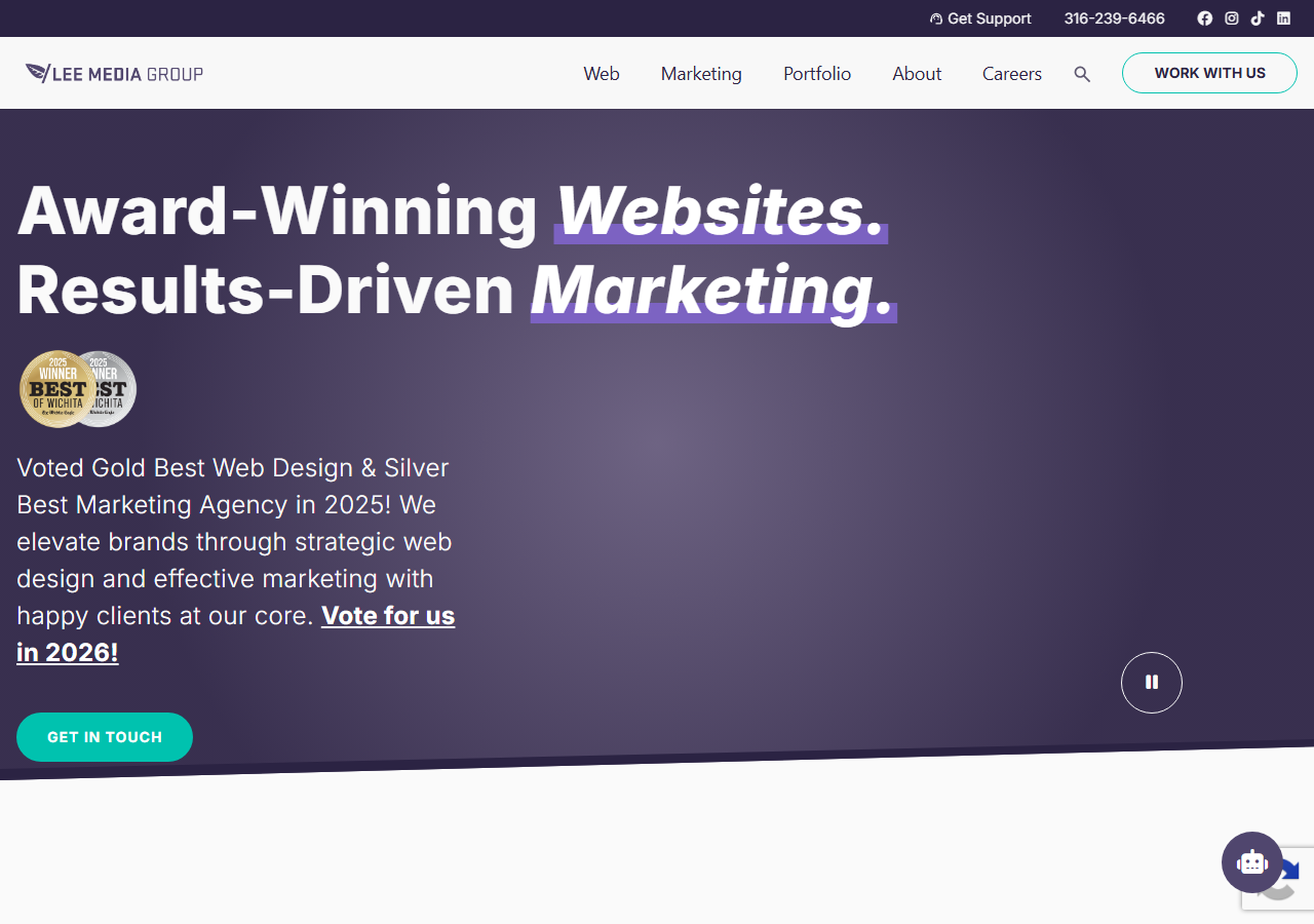 Lee Media Group homepage screenshot, a web design and digital marketing agency based in the Garvey Center in downtown Wichita, Kansas