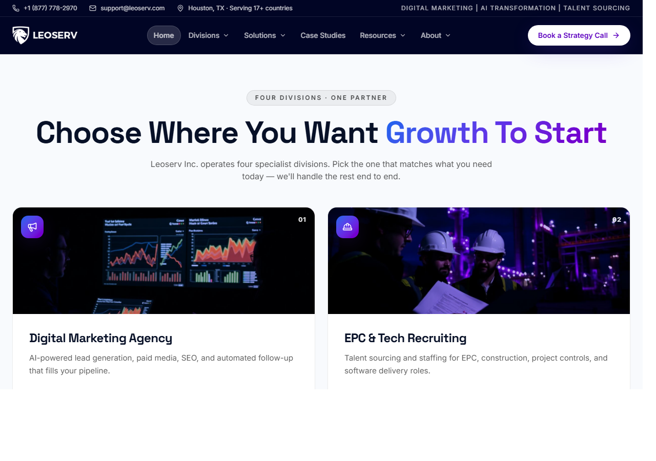 Leoserv homepage screenshot, a four-division digital marketing, staffing, development and AI automation company based in The Woodlands, Texas