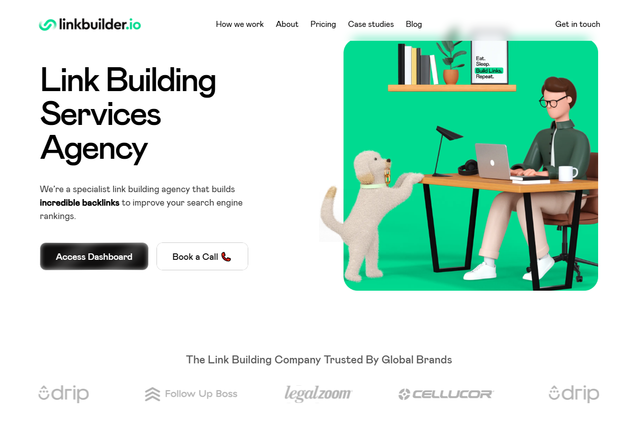 LinkBuilder.io homepage screenshot, a dedicated link building agency based in Edinburgh