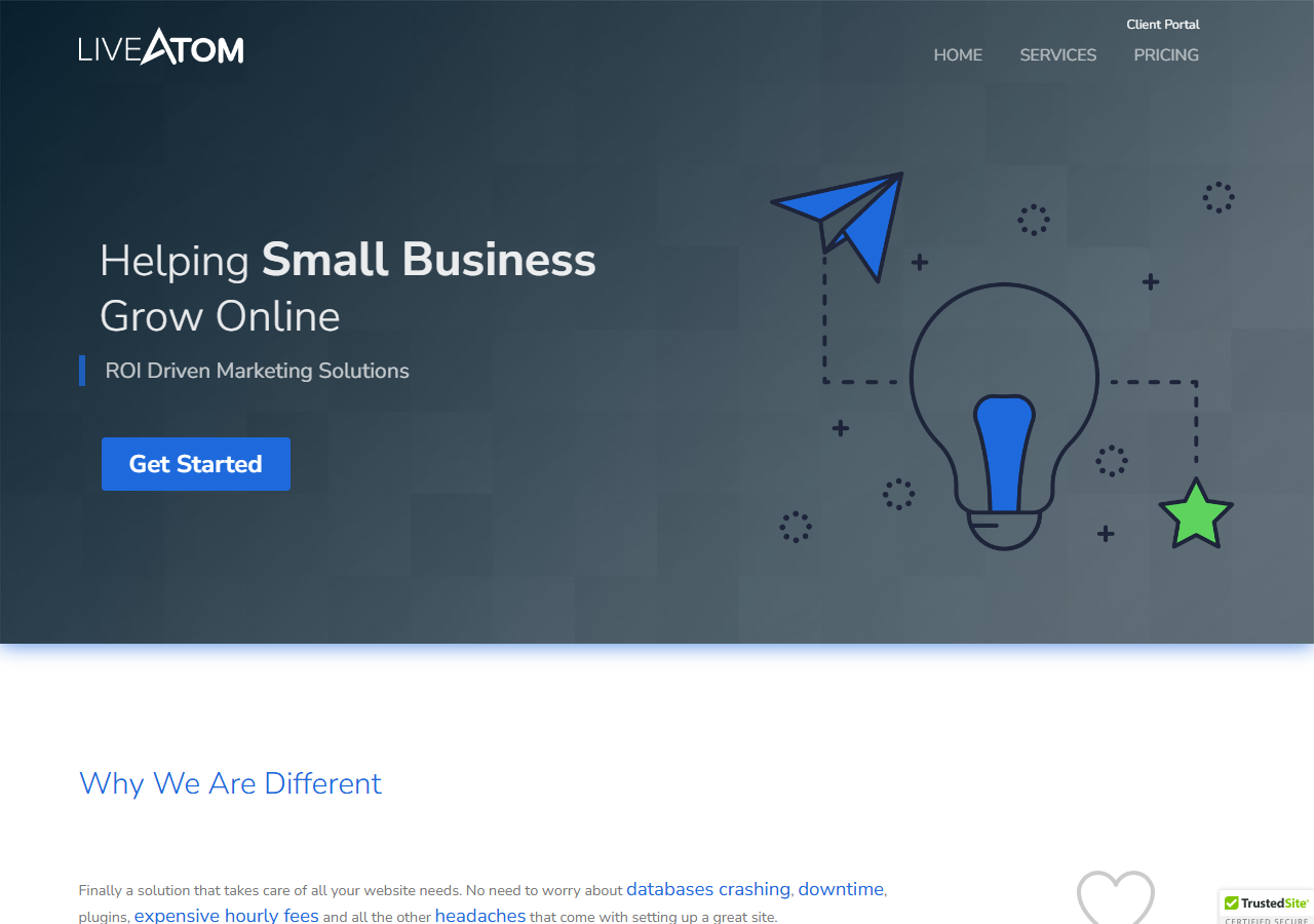 LiveAtom homepage screenshot, a website hosting, security and SEO company based in Rochester, Minnesota