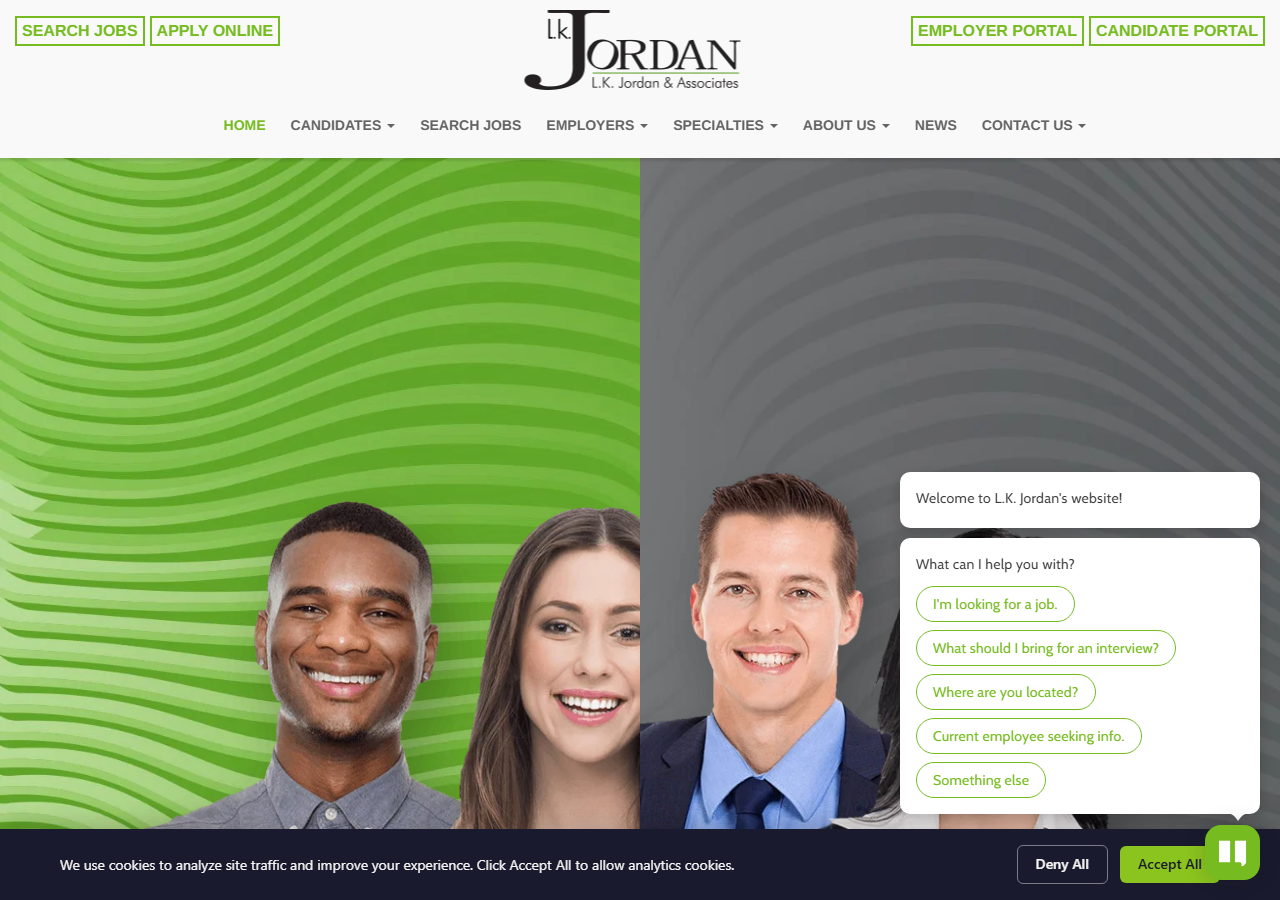 L.K. Jordan and Associates homepage screenshot, an executive search and staffing firm founded in Corpus Christi, Texas in 1990