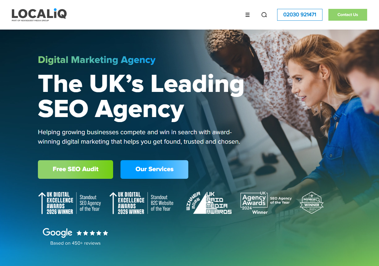 LOCALiQ homepage screenshot, a national digital marketing brand of Newsquest Media Group with a local sales office in Stroud, Gloucestershire