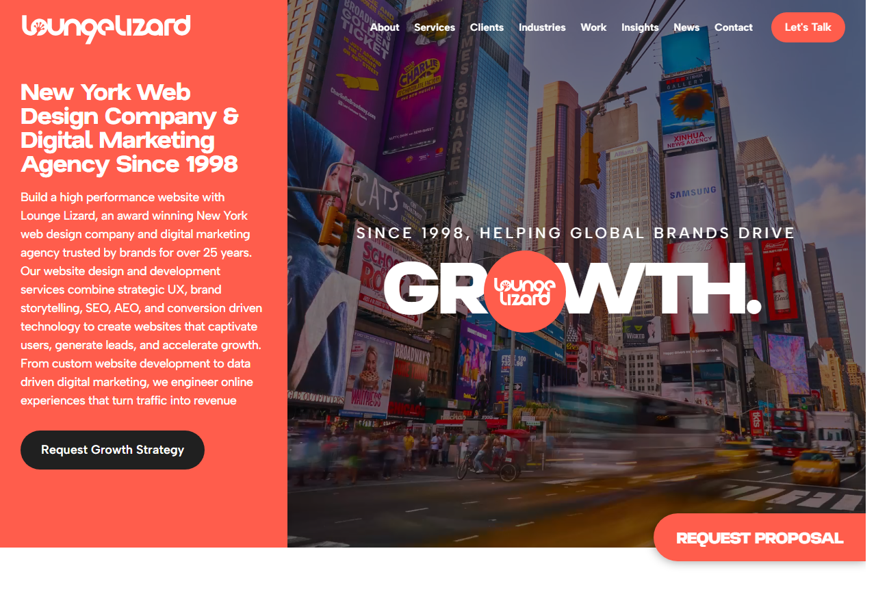 Lounge Lizard homepage screenshot, a web design and digital marketing agency headquartered in Manhattan with a genuine branch office in Holbrook, New York
