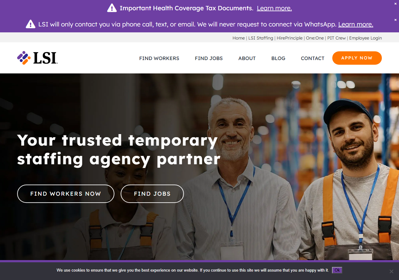 LSI Staffing homepage screenshot, a Wichita, Kansas headquartered light industrial and office staffing agency founded in 1986