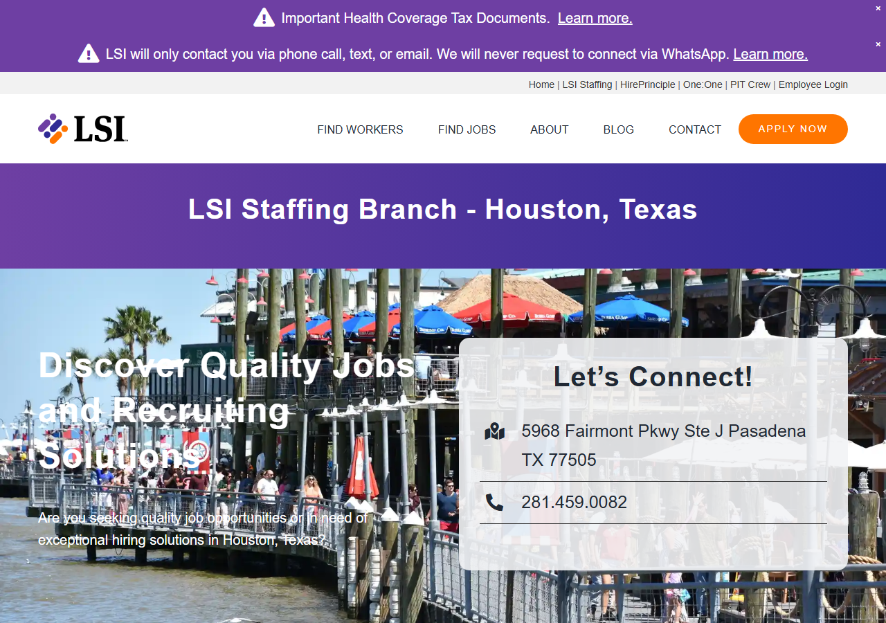 LSI Staffing branch page screenshot showing the 5968 Fairmont Pkwy Pasadena, TX address and phone number