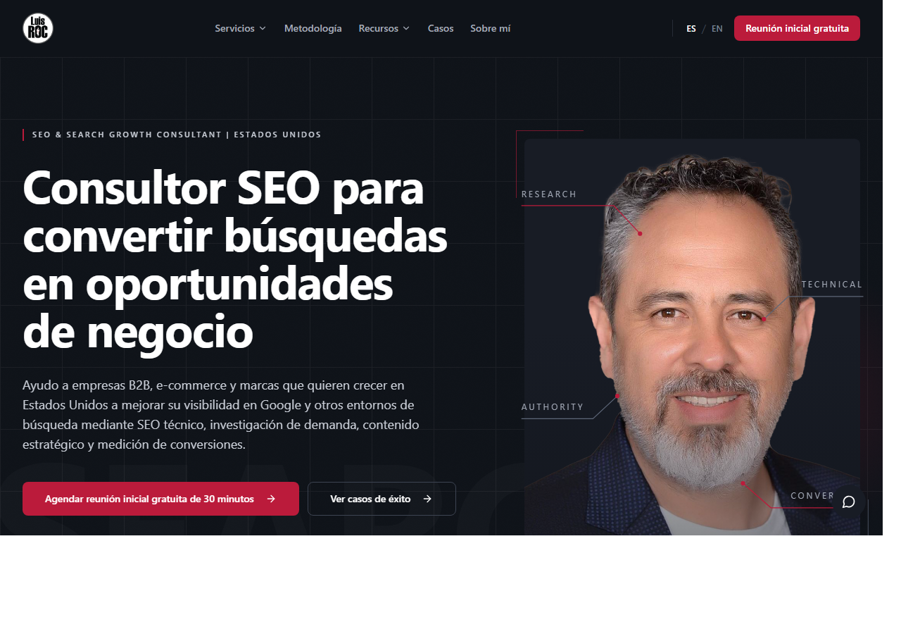 Luis ROC homepage screenshot, a bilingual Spanish and English SEO and web design consultant based in The Woodlands, Texas