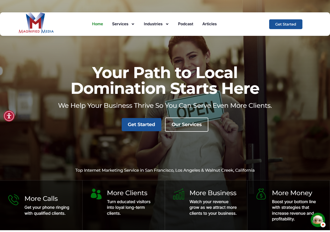 Magnified Media homepage screenshot, a digital marketing agency headquartered in Walnut Creek, Contra Costa County