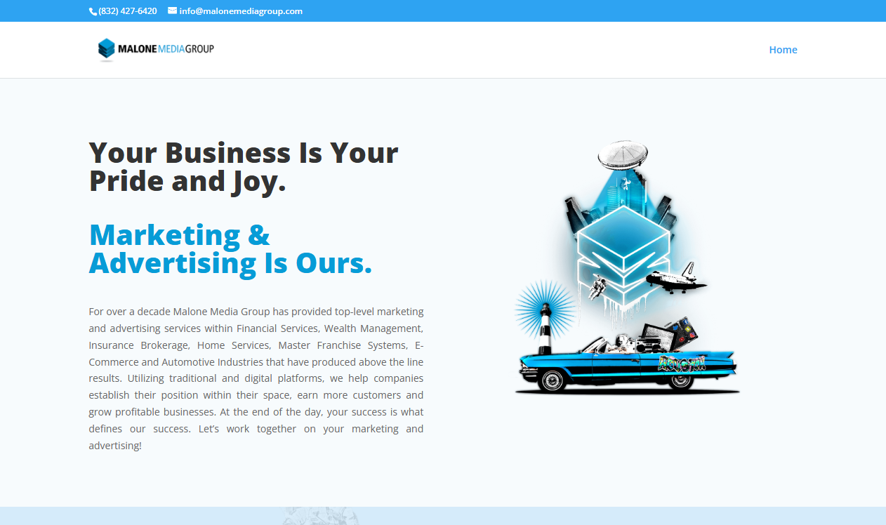 Malone Media Group homepage screenshot, a digital marketing and advertising agency based in Cypress, Texas offering media buying, PPC, SEO and social media marketing
