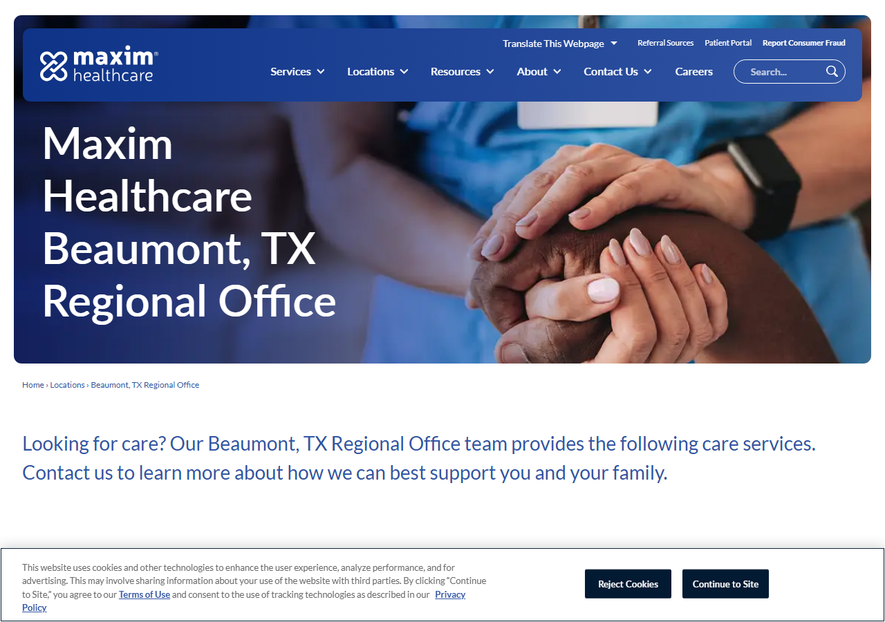 Maxim Healthcare Services homepage screenshot for its Beaumont, Texas regional office, specializing in home health and private-duty nursing staffing