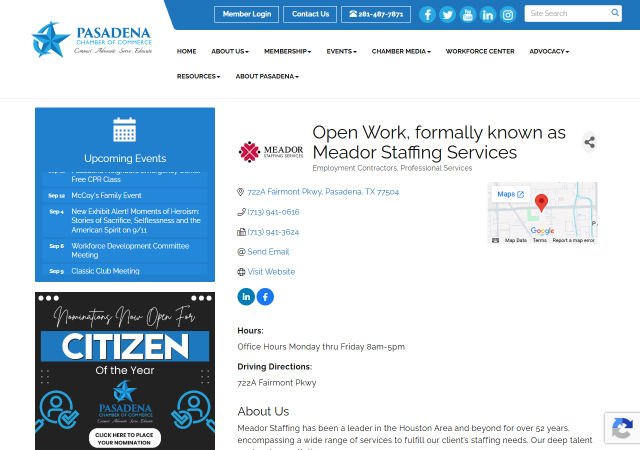 Pasadena Chamber of Commerce directory listing for Open Work, formally known as Meador Staffing Services, showing the 722A Fairmont Pkwy address
