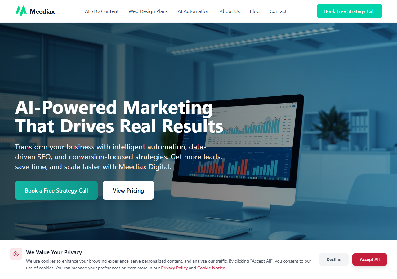 Meediax homepage screenshot, an AI-assisted digital marketing agency based in Basildon