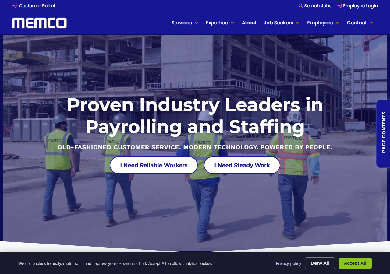 MEMCO Staffing homepage screenshot with the tagline Proven Industry Leaders in Payrolling and Staffing over a construction site photo