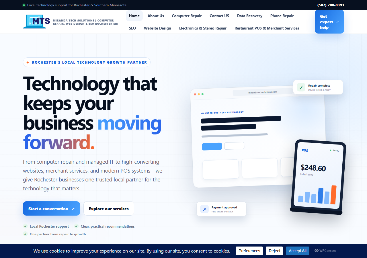 Miranda Tech Solutions homepage screenshot, an IT support, web design and SEO company based in Rochester, Minnesota