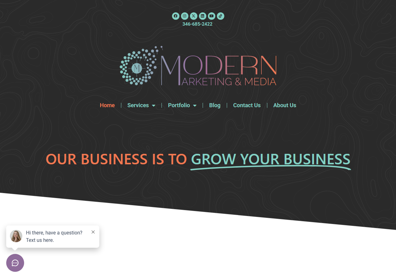 Modern Marketing and Media homepage screenshot, a boutique digital marketing agency headquartered in Tomball, Texas