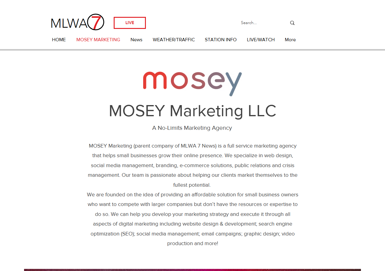 MOSEY Marketing profile page on MLWA 7 News, its affiliated local news outlet, describing the agency's services at 831 E Colonial Ave in Moses Lake, Washington