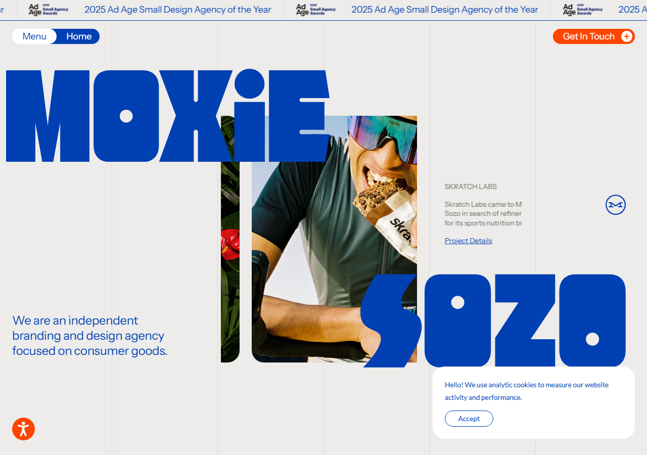 Moxie Sozo homepage screenshot, a Boulder, Colorado branding and packaging design agency for consumer packaged goods, 2025 Ad Age Small Design Agency of the Year