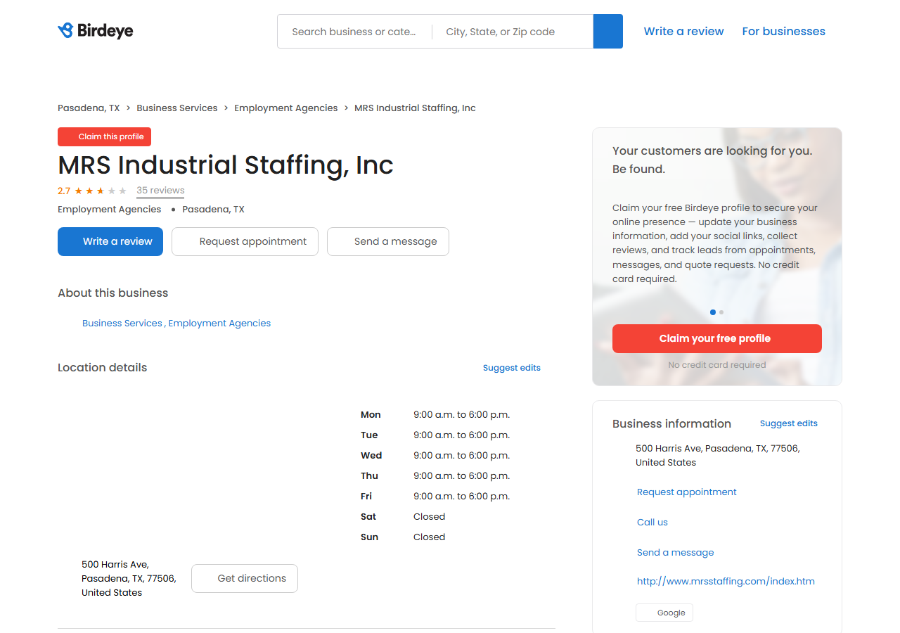 MRS Industrial Staffing Birdeye directory profile showing a 2.7 star rating from 35 reviews and the 500 Harris Ave Pasadena address
