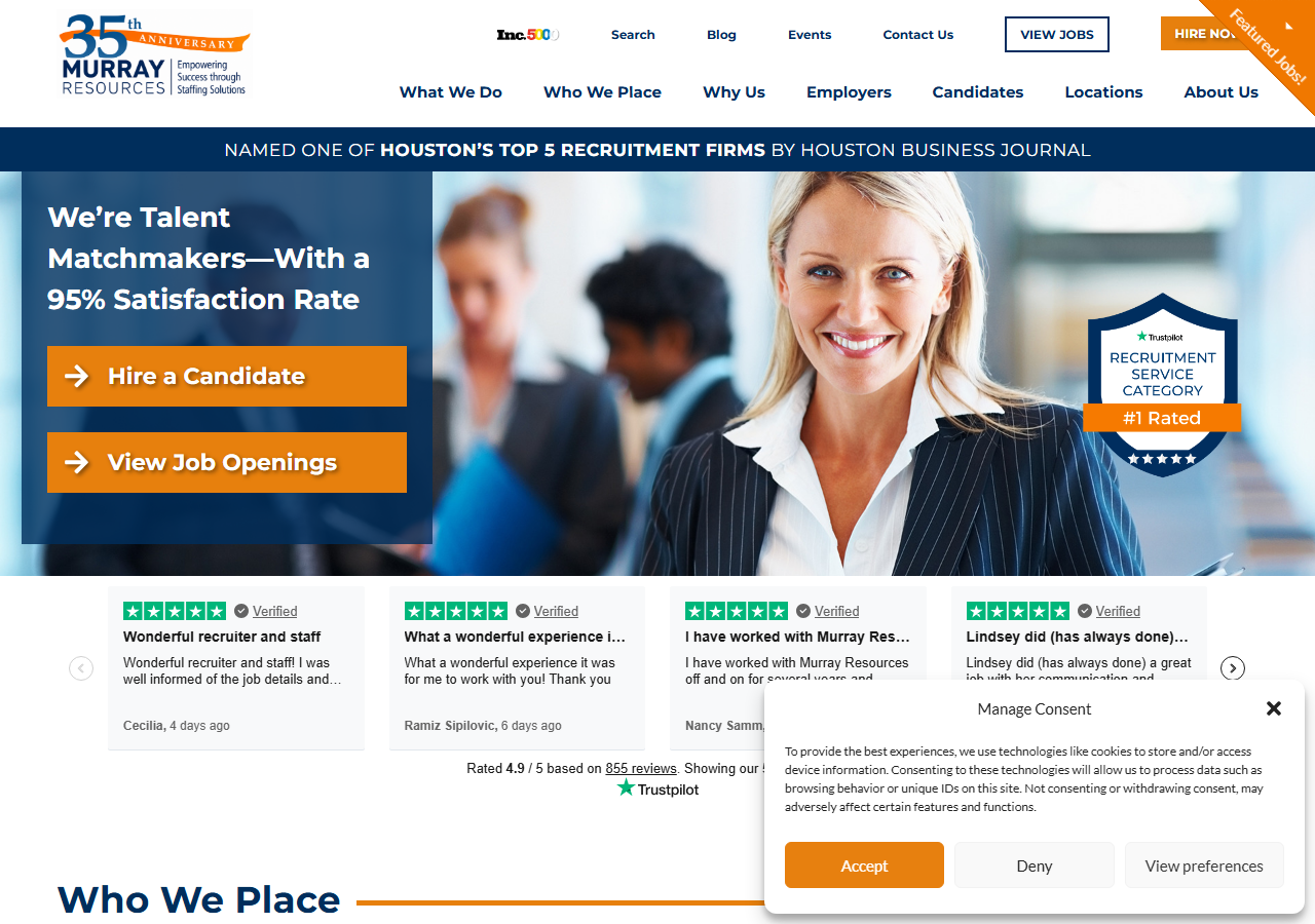 Murray Resources homepage screenshot, a Houston-area recruiting firm placing accounting, finance, engineering, energy and administrative roles with a Sugar Land, Texas location