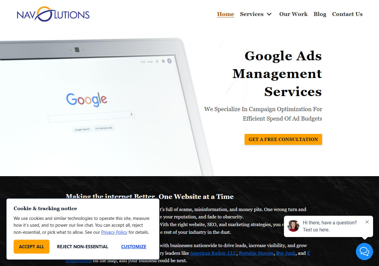 Navolutions homepage screenshot, a web design, SEO and Google Ads management agency headquartered in Pleasanton, California