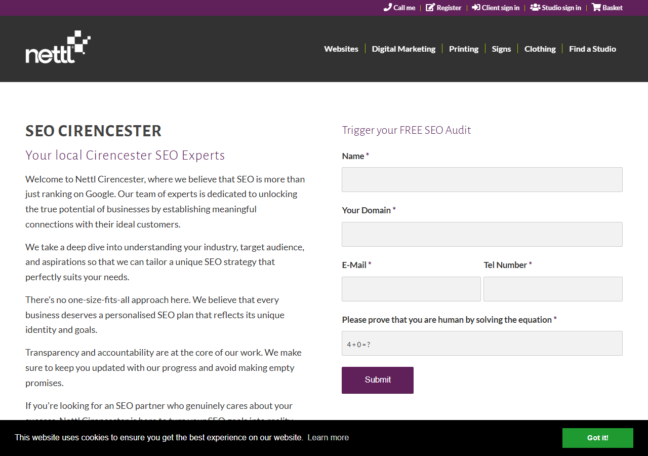 Nettl of Cirencester homepage screenshot, a local franchise studio offering SEO, web design, and print services