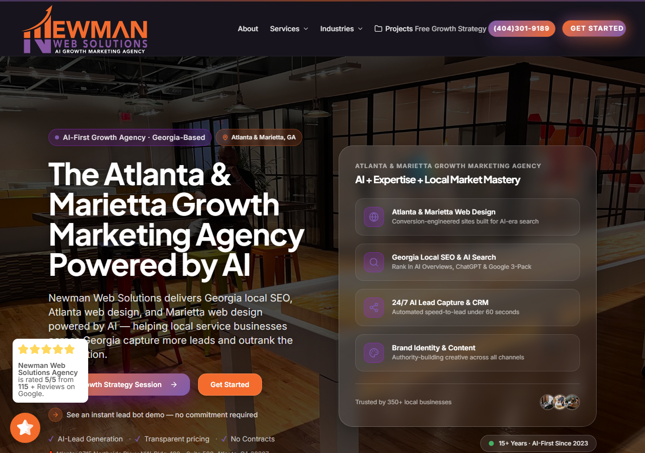 Newman Web Solutions homepage screenshot, an SEO, web design and review management agency based in Marietta, Georgia