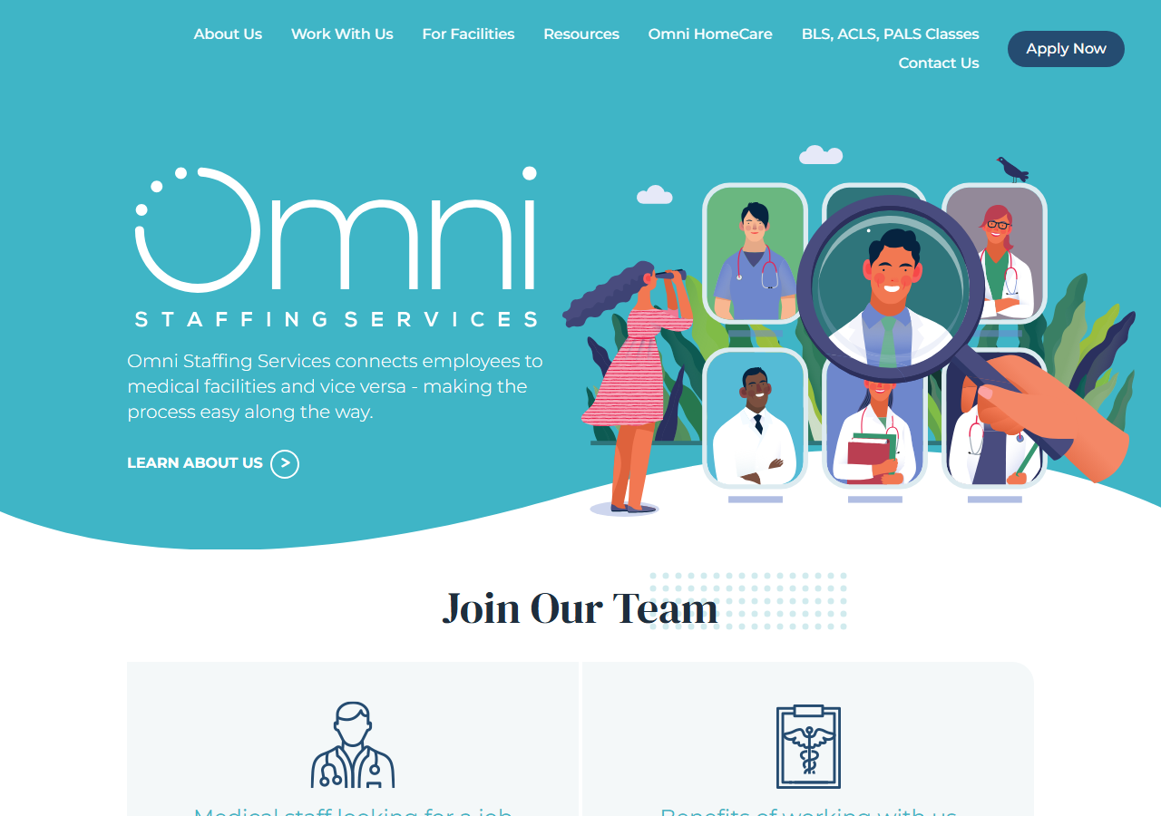 Omni Staffing Services homepage screenshot, a Moses Lake, WA healthcare staffing agency placing RNs, LPNs and CNAs