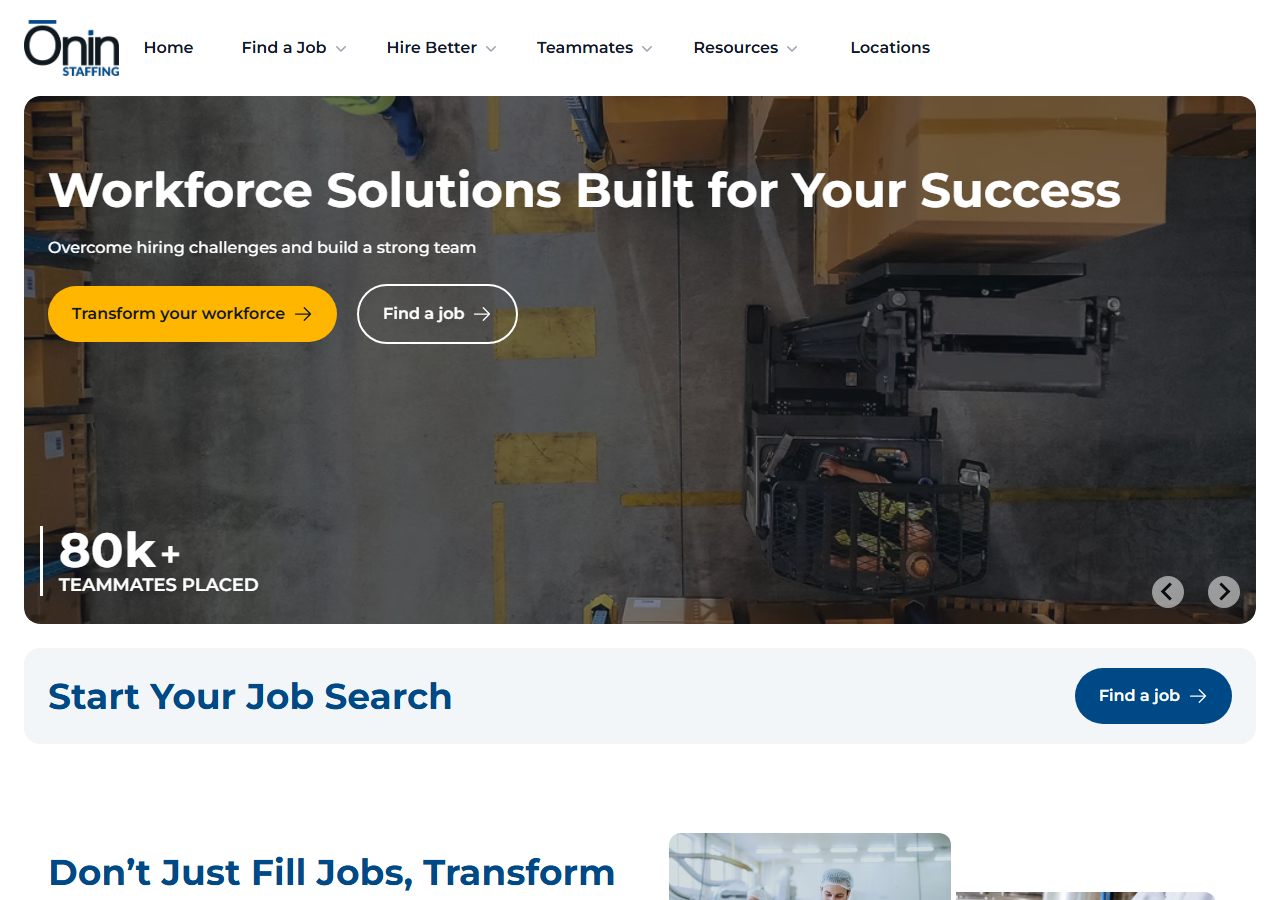 Onin Staffing homepage screenshot, a light-industrial and manufacturing staffing company with a McKinney, Texas branch