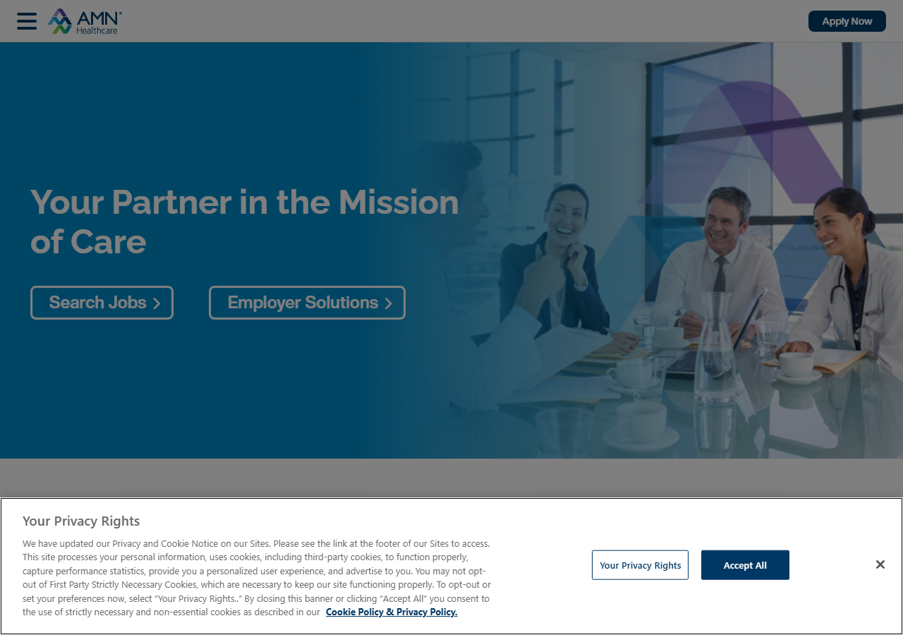 AMN Healthcare homepage screenshot, parent company of Onward Healthcare, a travel nursing and allied healthcare staffing division with a Deerfield Beach, Florida office
