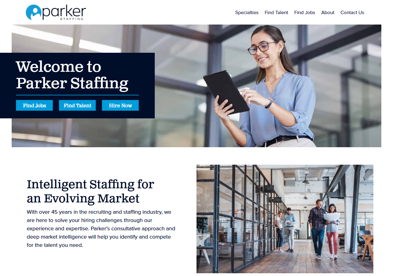Parker Staffing homepage screenshot, the Seattle-based parent company behind Parker Onsite, a single-client managed staffing program embedded inside Nintendo of America in Redmond, Washington