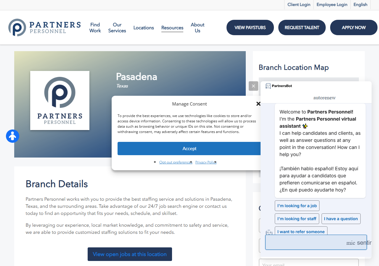 Partners Personnel Pasadena, Texas branch page screenshot showing branch details and a virtual assistant chat widget