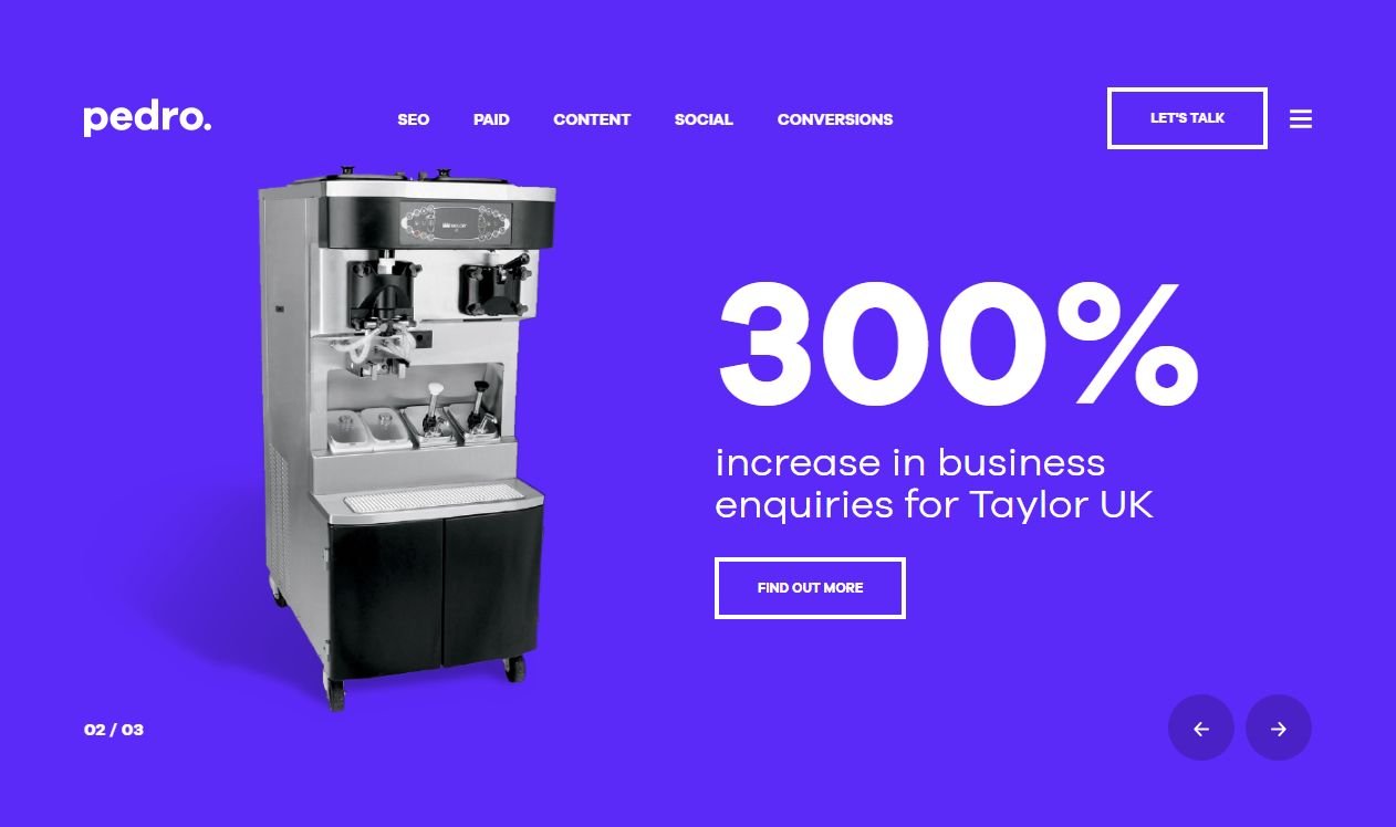 Pedro agency homepage featuring a case study about an increase in business enquiries