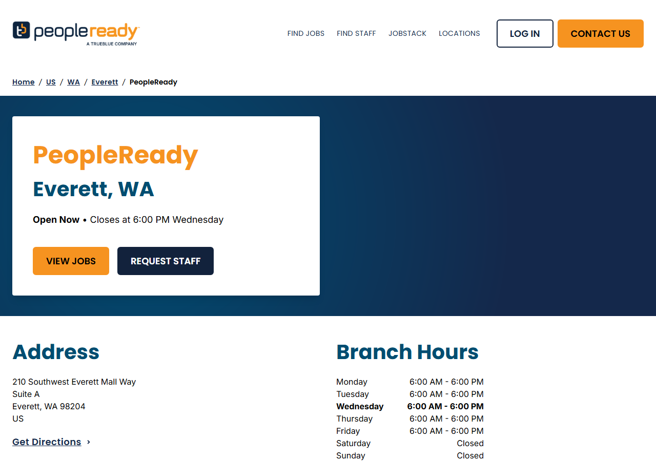 PeopleReady homepage screenshot for branch 1106, an on-demand labor staffing agency located in Everett, Washington