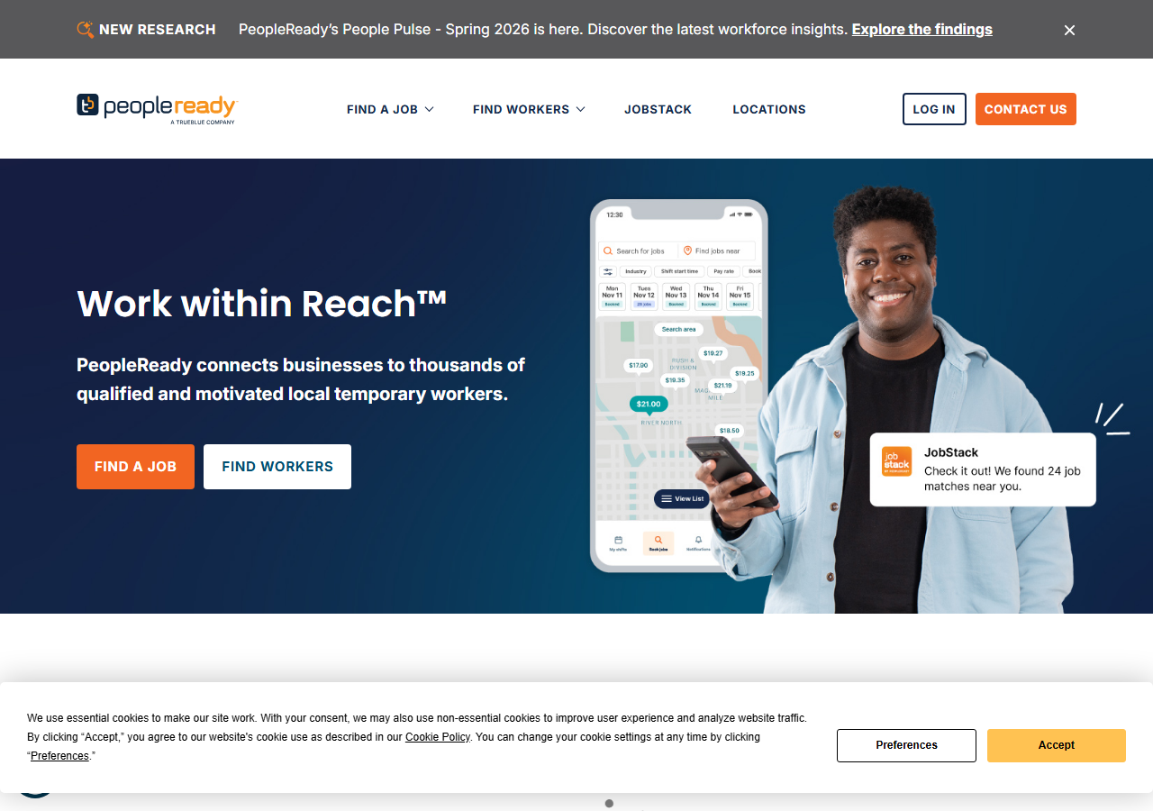 PeopleReady homepage screenshot, an on-demand labor staffing company with branch 1096 located in Yakima, Washington