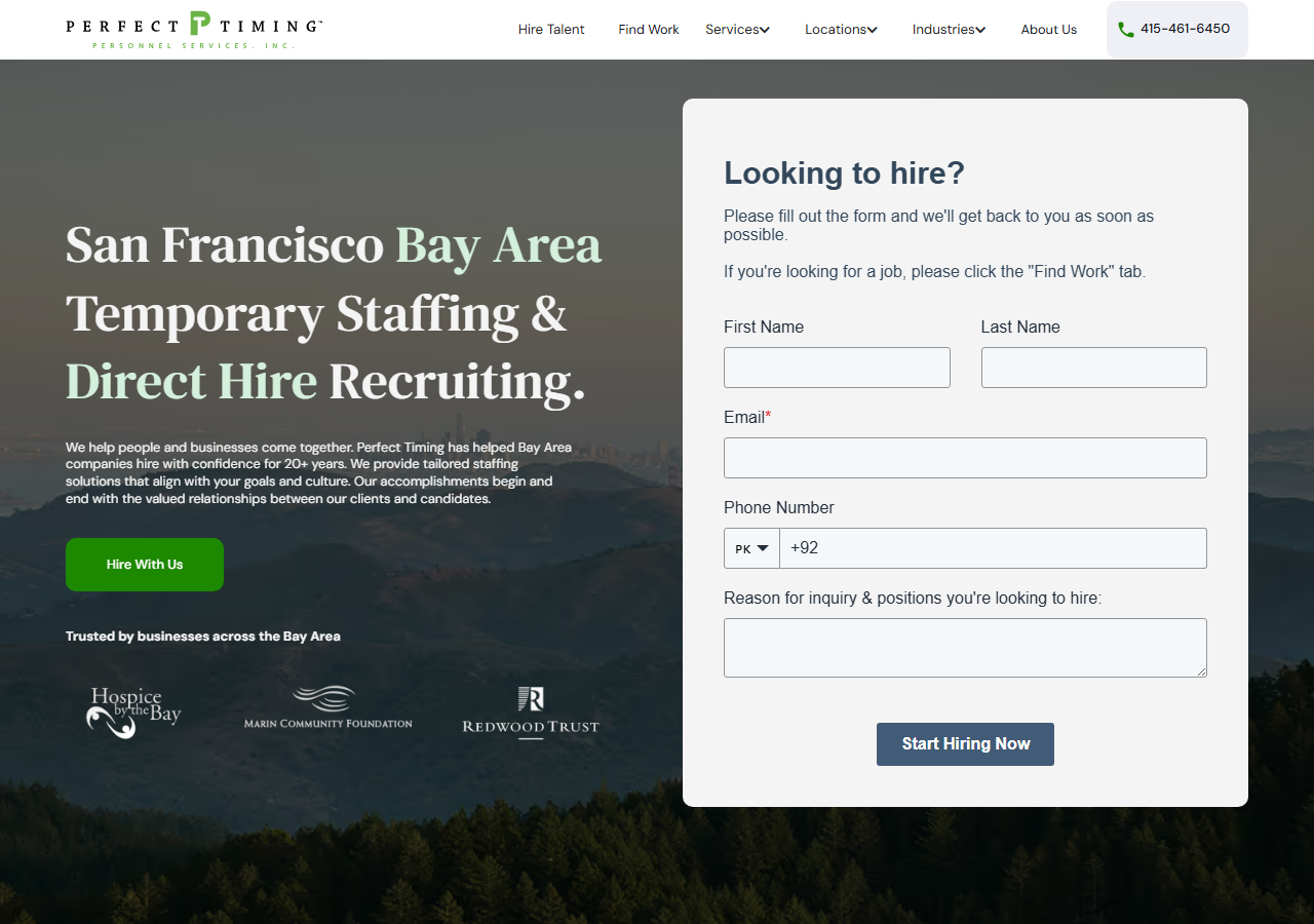 Perfect Timing Personnel homepage screenshot, a Marin County staffing agency serving the San Francisco Bay Area with a Petaluma branch