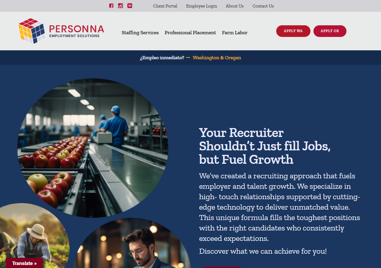 Personna Employment Solutions homepage screenshot, a locally owned staffing and recruiting agency headquartered in Yakima, Washington