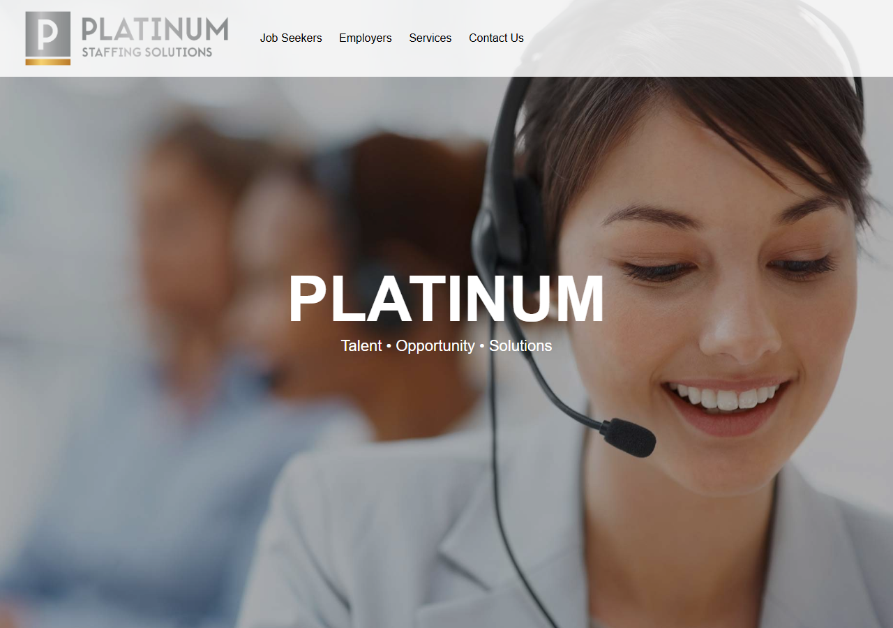 Platinum Staffing Solutions homepage screenshot, a small administrative and accounting staffing agency in Pleasanton, California