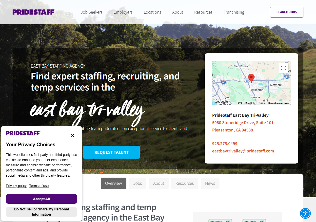 PrideStaff East Bay Tri-Valley homepage screenshot, a franchise staffing office in Pleasanton, California covering accounting, admin, call center and warehouse roles