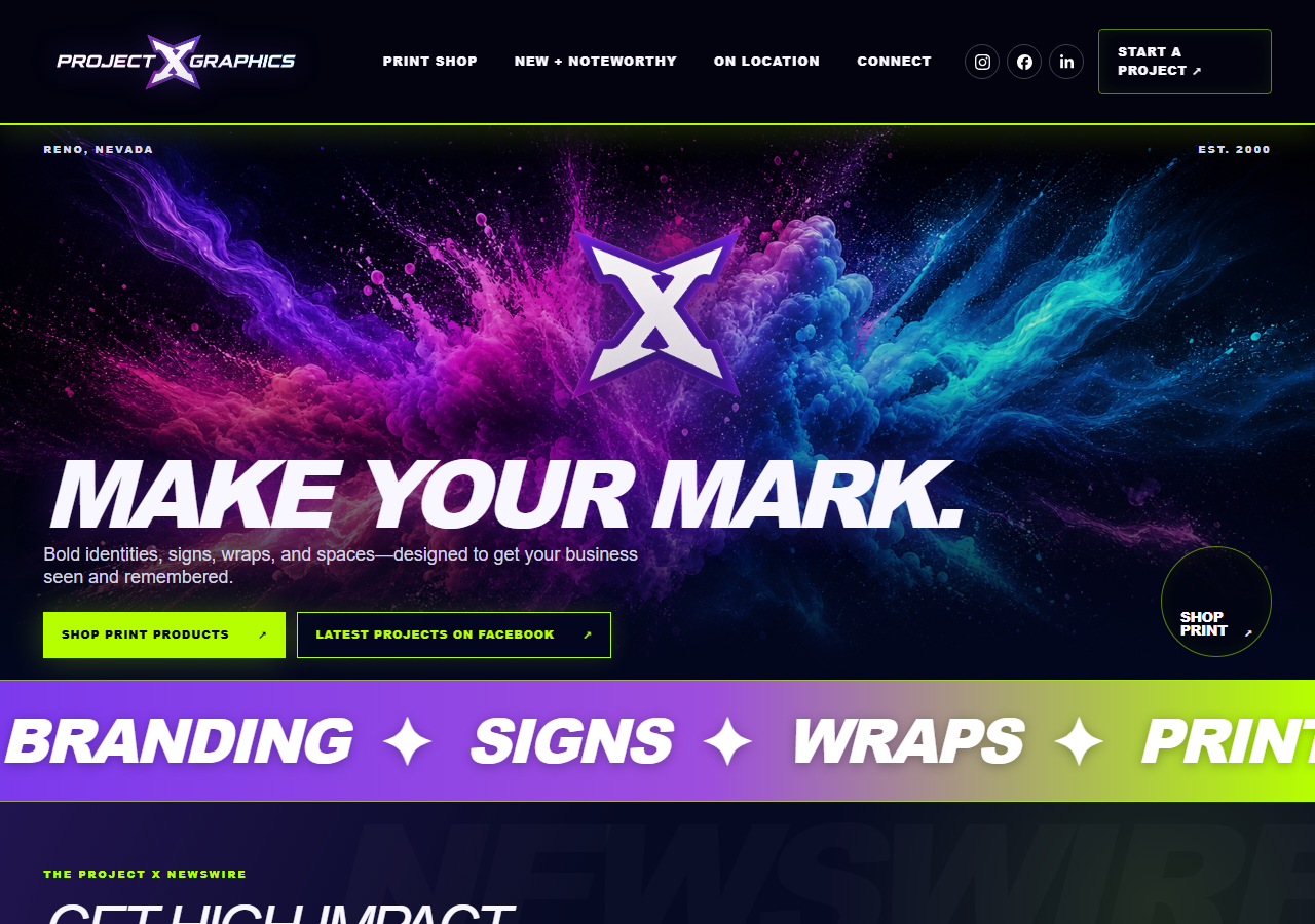 Project X Graphics PXG homepage screenshot, a full graphic arts studio in Reno founded in 2000 by Max Good