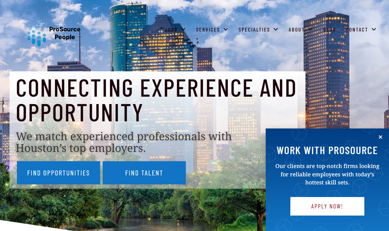 ProSource Staffing homepage screenshot, a woman-owned independent staffing agency headquartered at 210 W Pasadena Blvd in Deer Park, TX