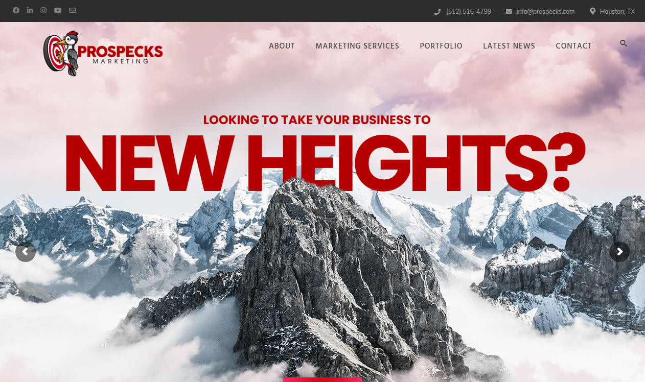 Prospecks Marketing homepage screenshot with a 'looking to take your business to new heights' hero, a digital marketing agency with a Dun and Bradstreet-confirmed Cypress, Texas headquarters