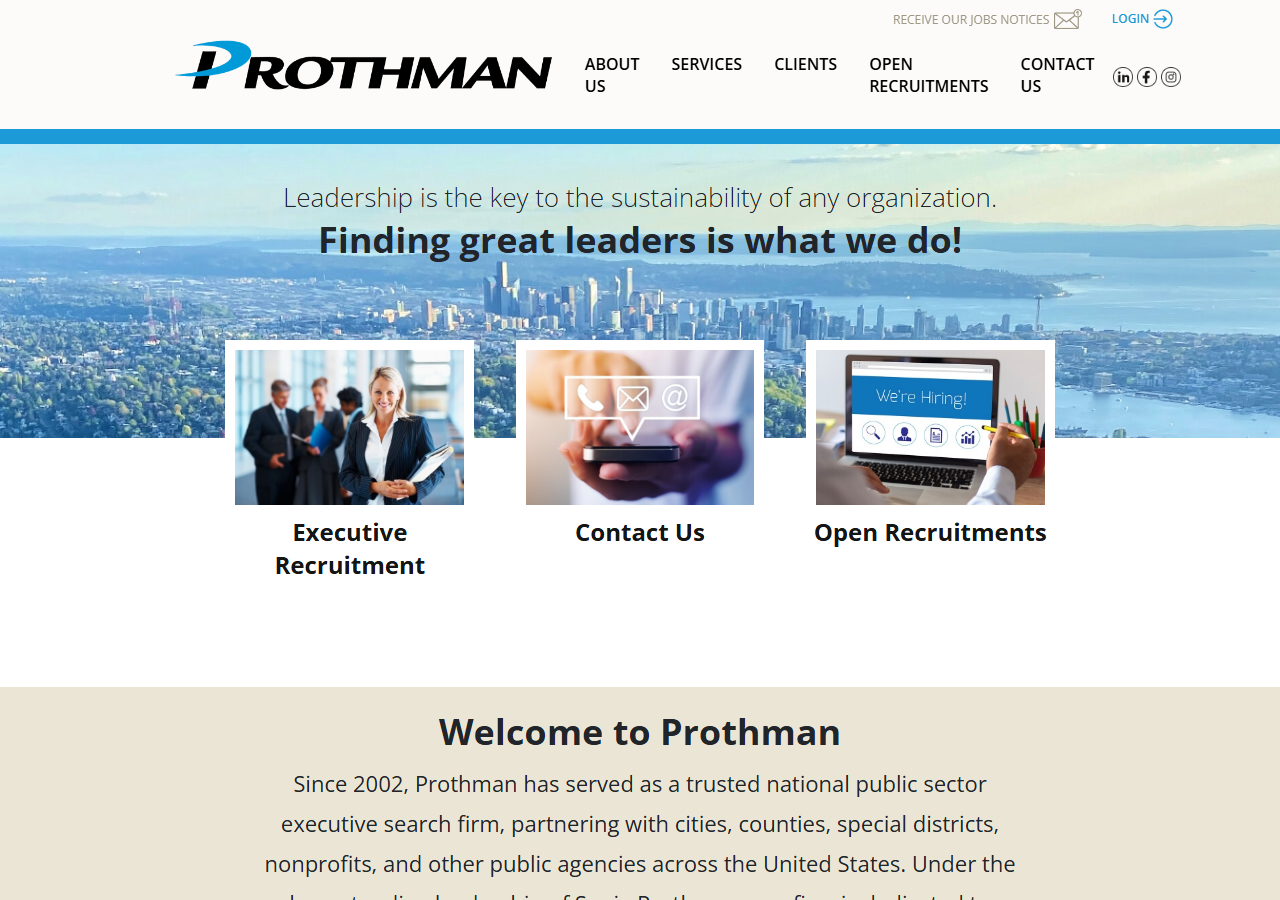 Prothman Company homepage screenshot, a public-sector executive search firm based in Issaquah, Washington